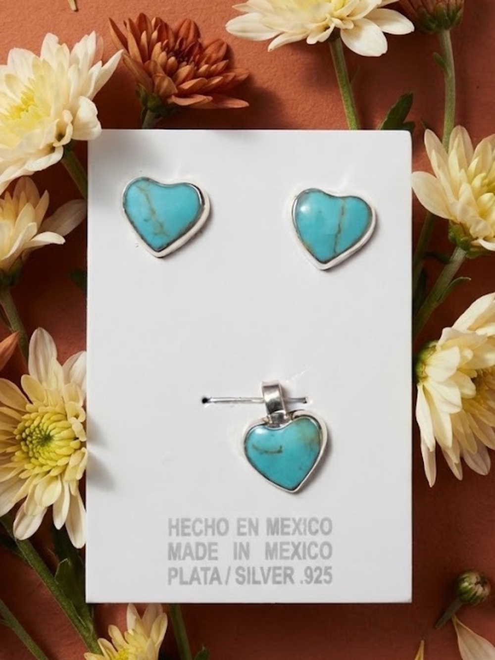 Turquoise gemstone Heart Silver 925 Stud Earrings and Pendant Set